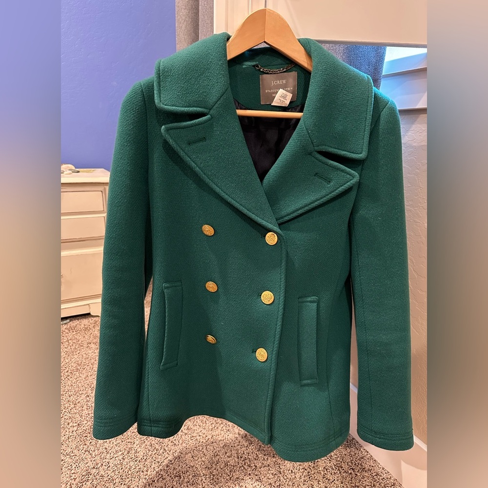 J Crew Majesty green wool pea coat size 4